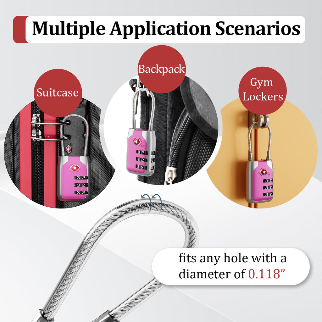 Joyway TSA Approved Luggage Lock, 3 Digit Combination Cable Lock with Alloy Body, Travel Combination Locks for Suitcases, Backpack and Golf Bag (Pink, 4Pack)