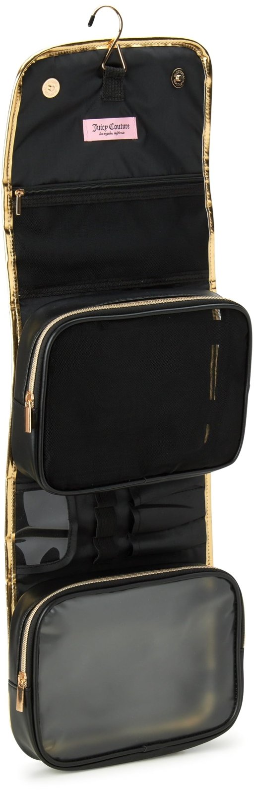 Juicy Couture Black Makeup Bag Cosmetics Organizer Travel Essentials Hanging Hook Faux Quilted Leather Gold Trim