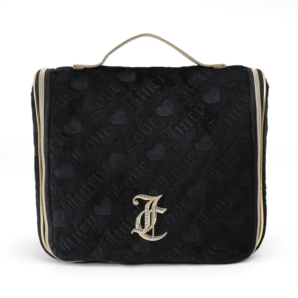 Juicy Couture Black Makeup Bag Cosmetics Organizer Travel Essentials Hanging Hook Heart Velour