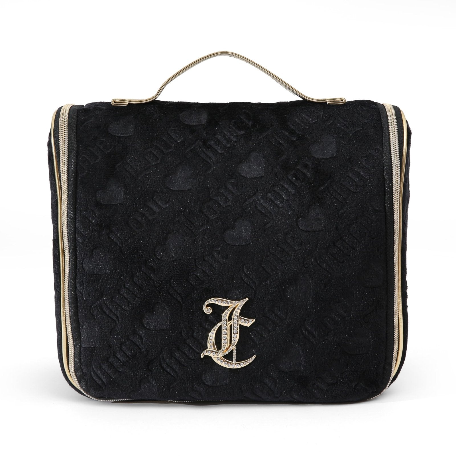 Juicy Couture Black Makeup Bag Cosmetics Organizer Travel Essentials Hanging Hook Heart Velour