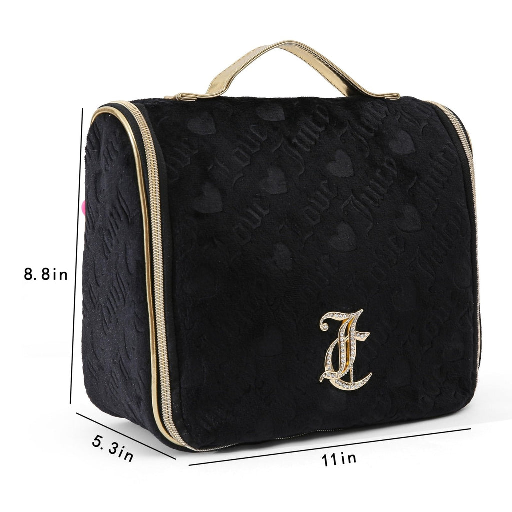 Juicy Couture Black Makeup Bag Cosmetics Organizer Travel Essentials Hanging Hook Heart Velour