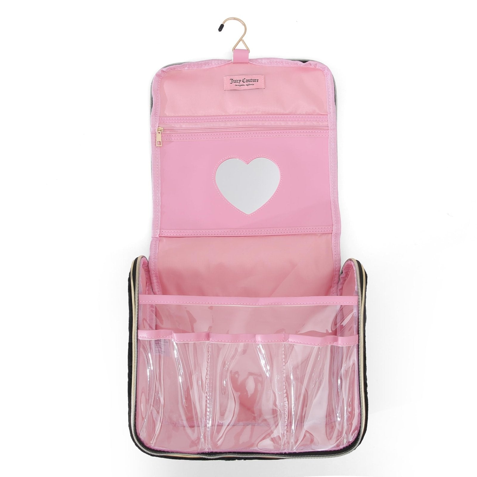 Juicy Couture Black Makeup Bag Cosmetics Organizer Travel Essentials Hanging Hook Heart Velour