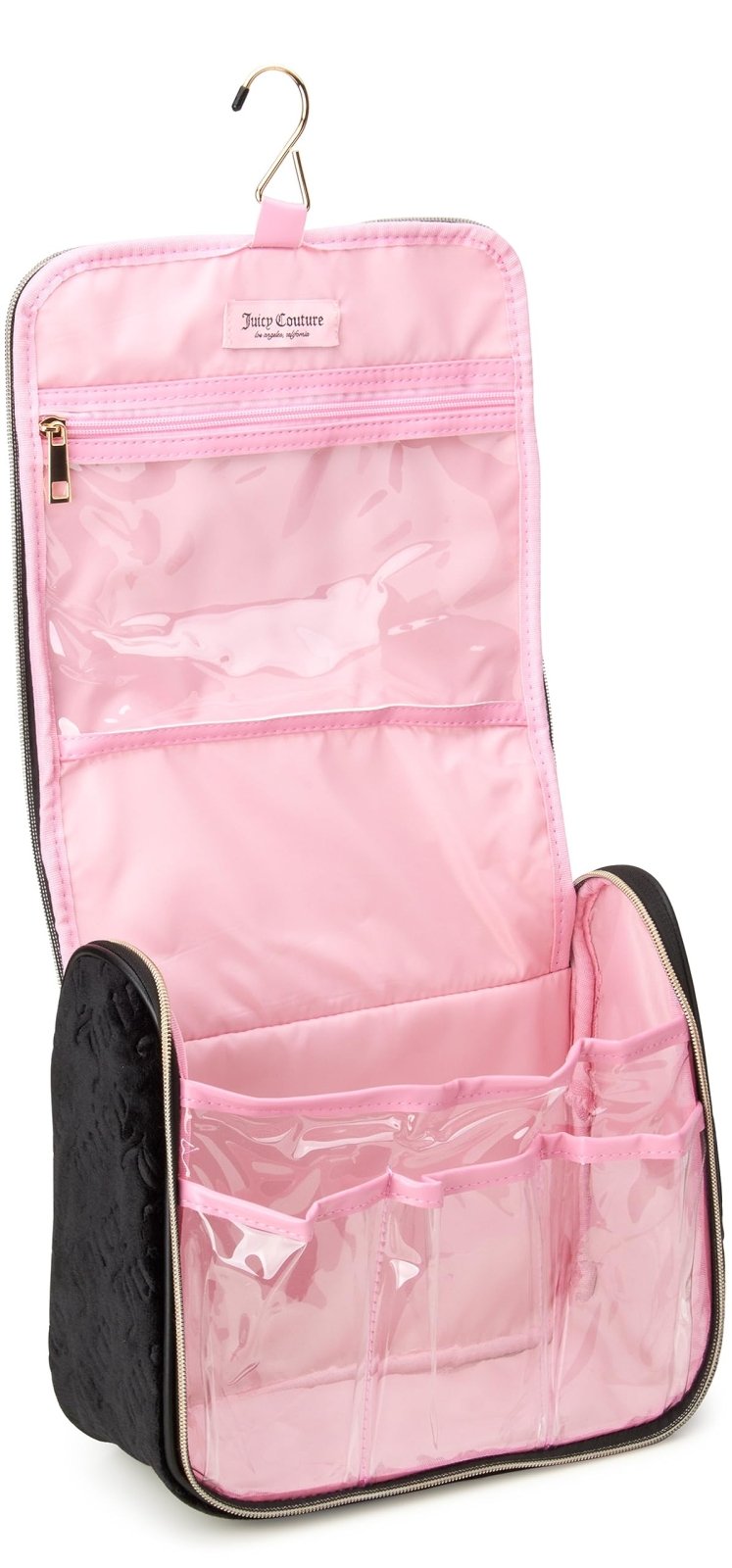 Juicy Couture Black Makeup Bag Cosmetics Organizer Travel Essentials Hanging Hook Velour Logo