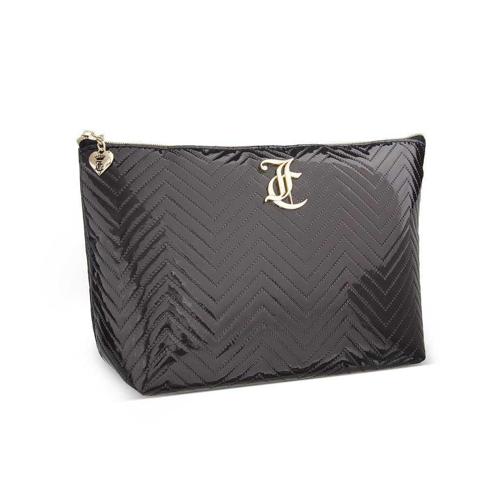 Juicy Couture Black Makeup Bag Cosmetics Organizer Travel Essentials Top Zip Pouch Faux Patent Leather Zig Zag Pattern