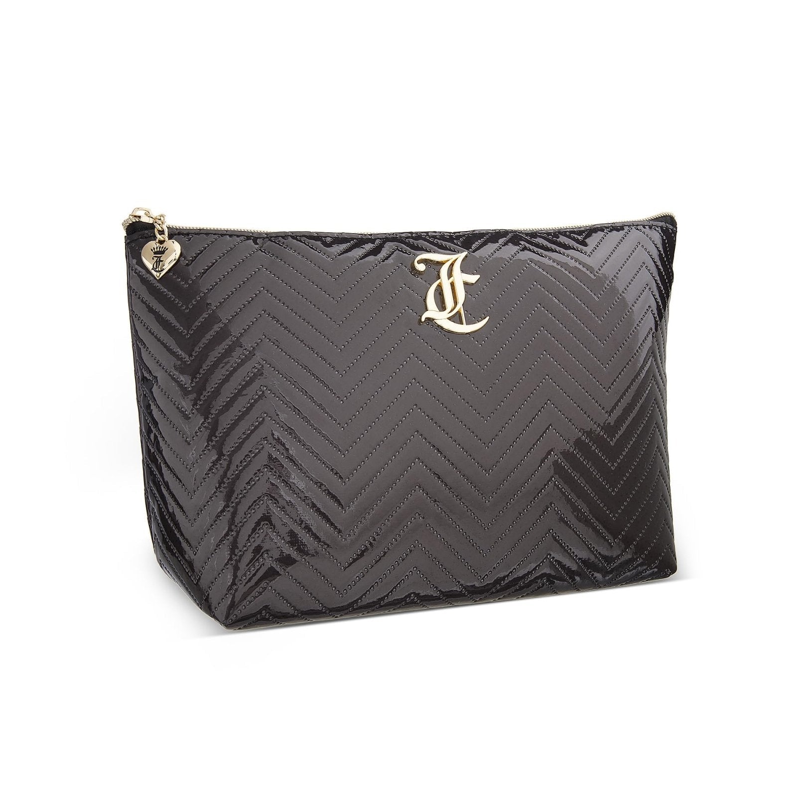 Juicy Couture Black Makeup Bag Cosmetics Organizer Travel Essentials Top Zip Pouch Faux Patent Leather Zig Zag Pattern