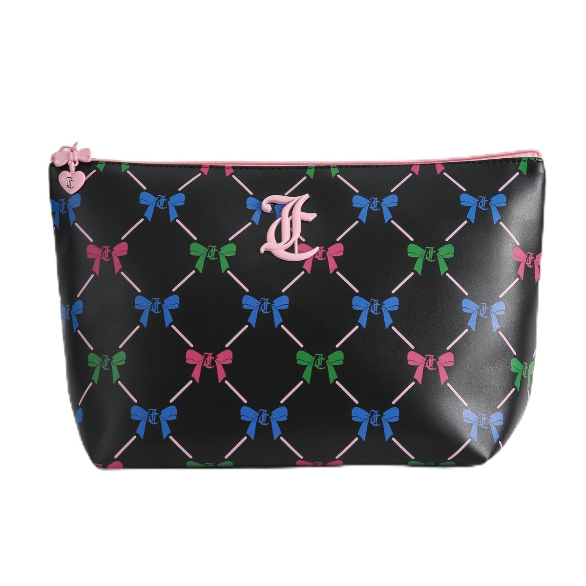 Juicy Couture Black Makeup Bag Cosmetics Organizer Travel Essentials Top Zip Pouch Multi Color Bow