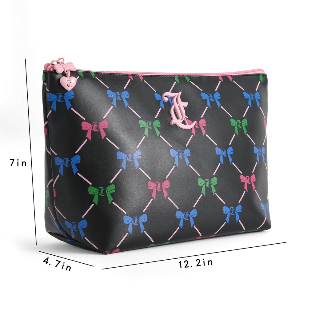Juicy Couture Black Makeup Bag Cosmetics Organizer Travel Essentials Top Zip Pouch Multi Color Bow