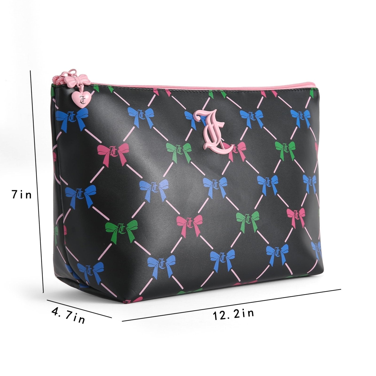 Juicy Couture Black Makeup Bag Cosmetics Organizer Travel Essentials Top Zip Pouch Multi Color Bow