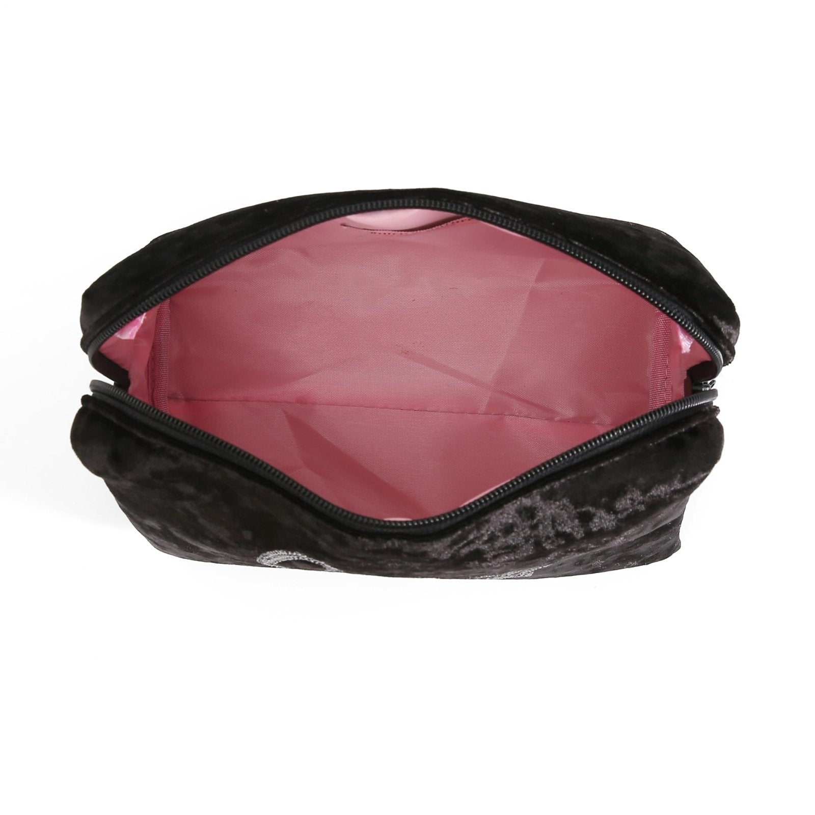 Juicy Couture Black Makeup Bag Cosmetics Organizer Travel Essentials Zip Top Wedge Crushed Velvet Sequin Logo