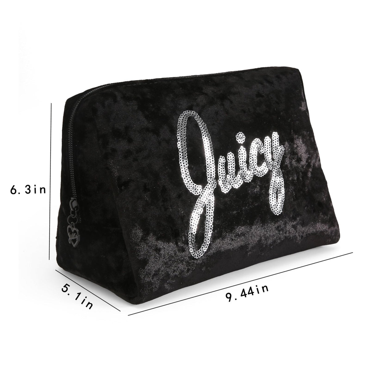 Juicy Couture Black Makeup Bag Cosmetics Organizer Travel Essentials Zip Top Wedge Crushed Velvet Sequin Logo