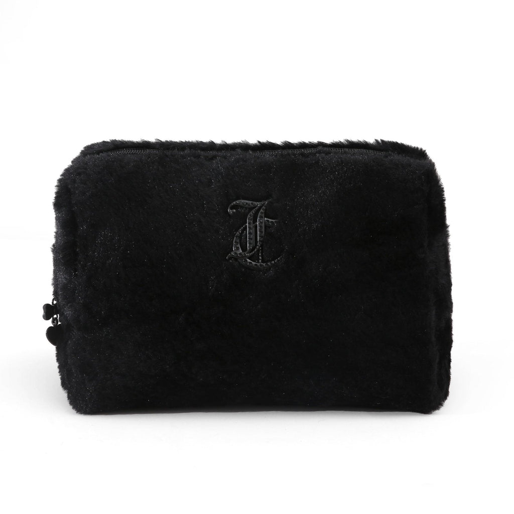 Juicy Couture Black Makeup Bag Cosmetics Organizer Travel Essentials Zip Top Wedge Faux Fur Rhinestone