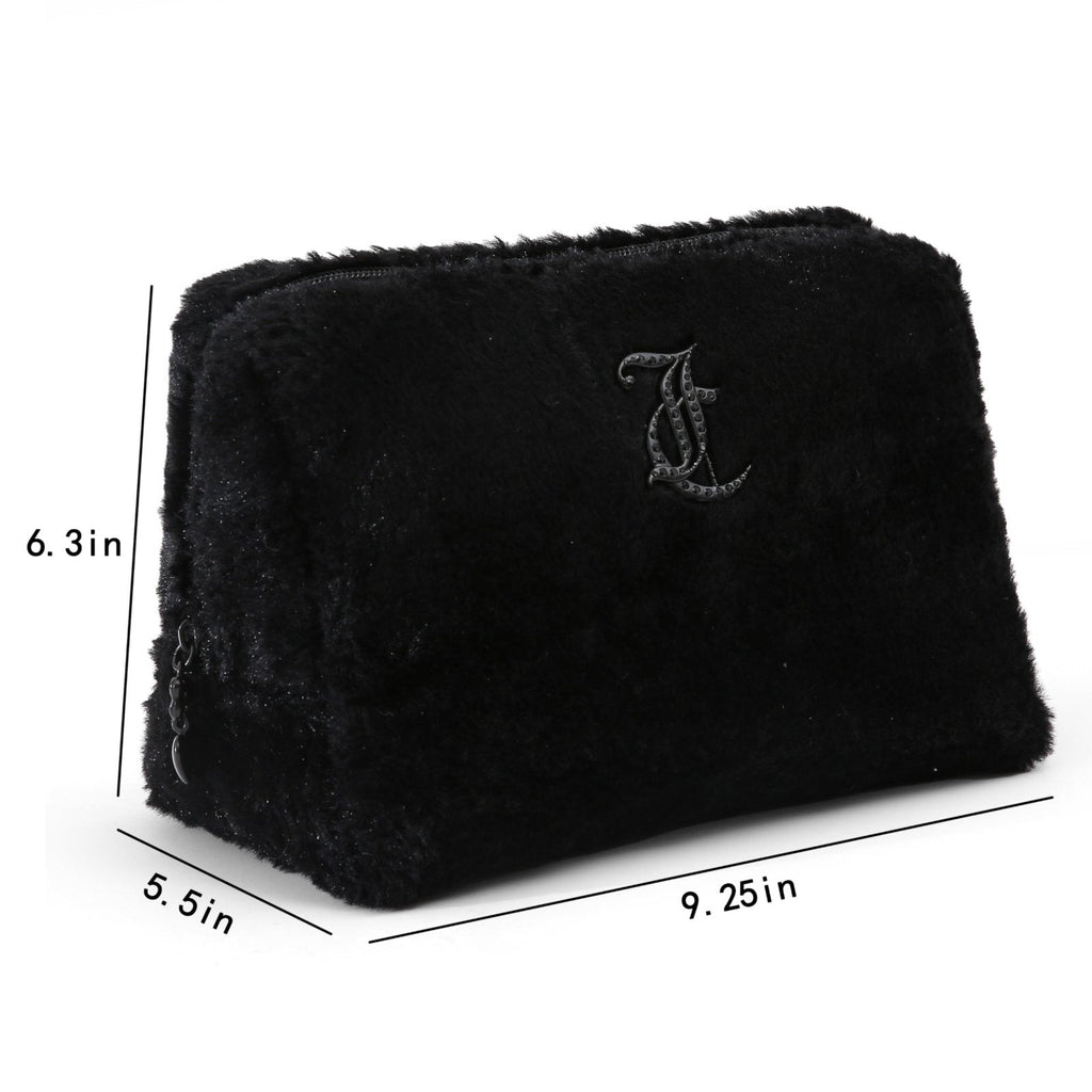 Juicy Couture Black Makeup Bag Cosmetics Organizer Travel Essentials Zip Top Wedge Faux Fur Rhinestone