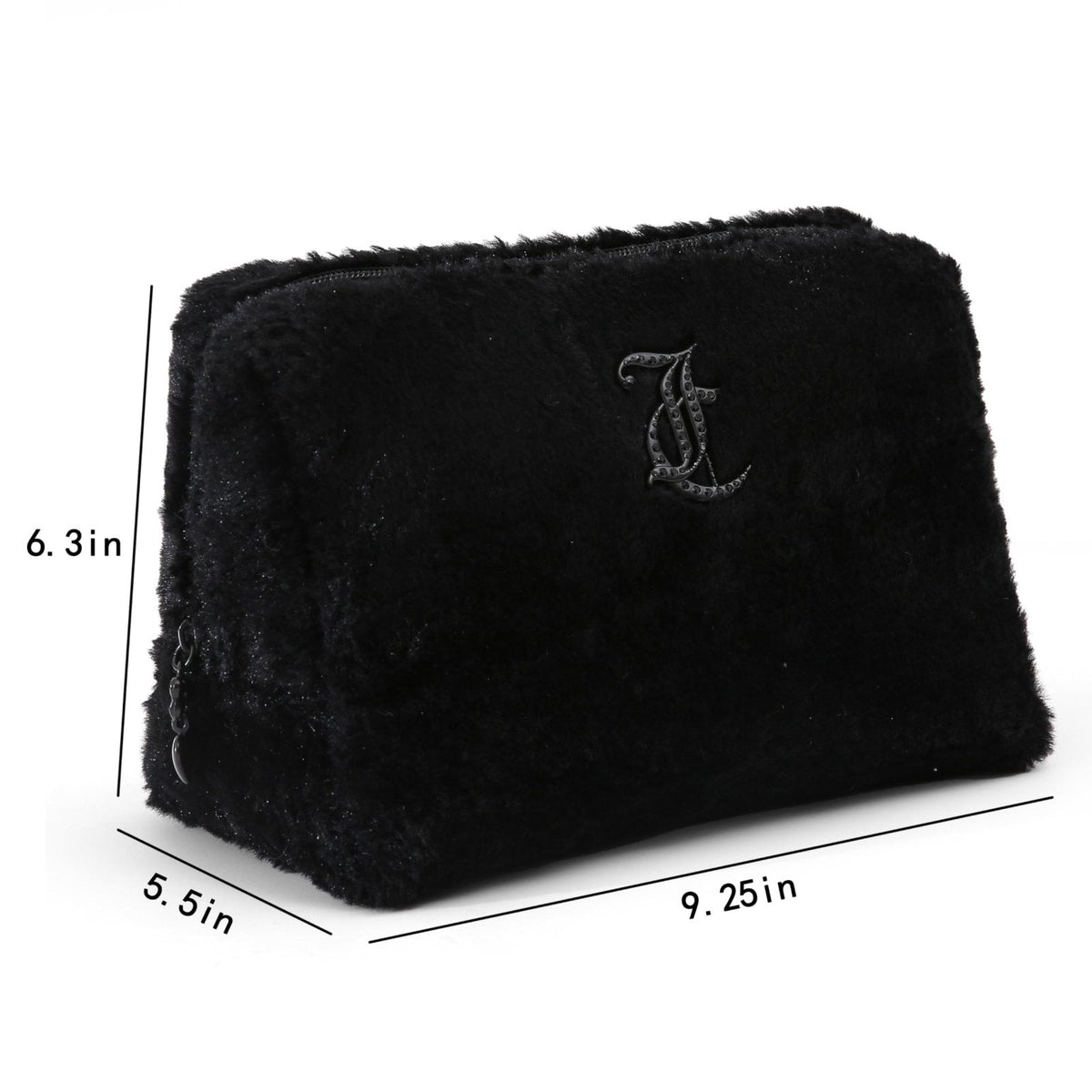 Juicy Couture Black Makeup Bag Cosmetics Organizer Travel Essentials Zip Top Wedge Faux Fur Rhinestone