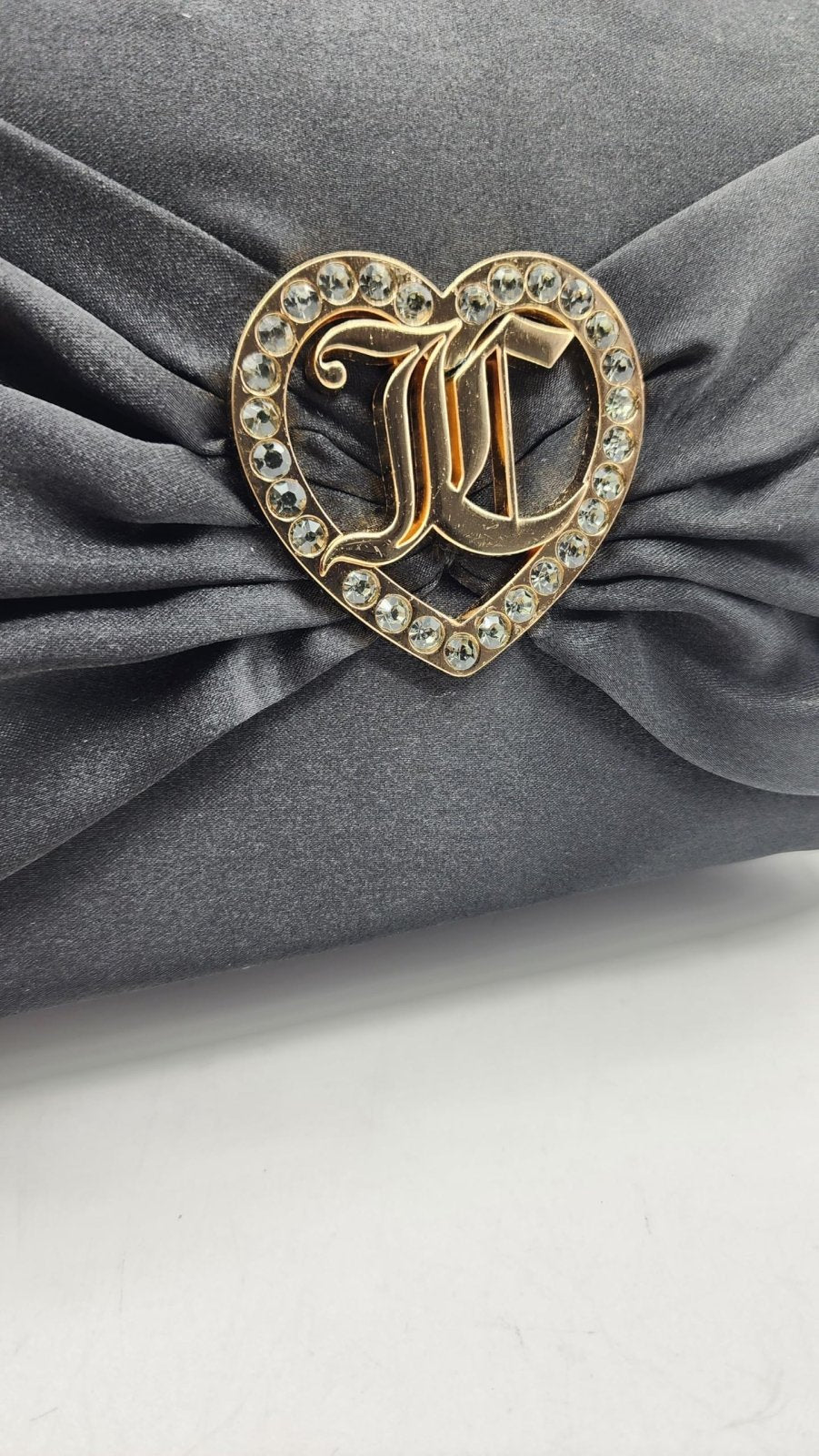 Juicy Couture Black Makeup Bag Cosmetics Organizer Travel Essentials Zip Top Wedge Satin Bow Rhinestone Heart