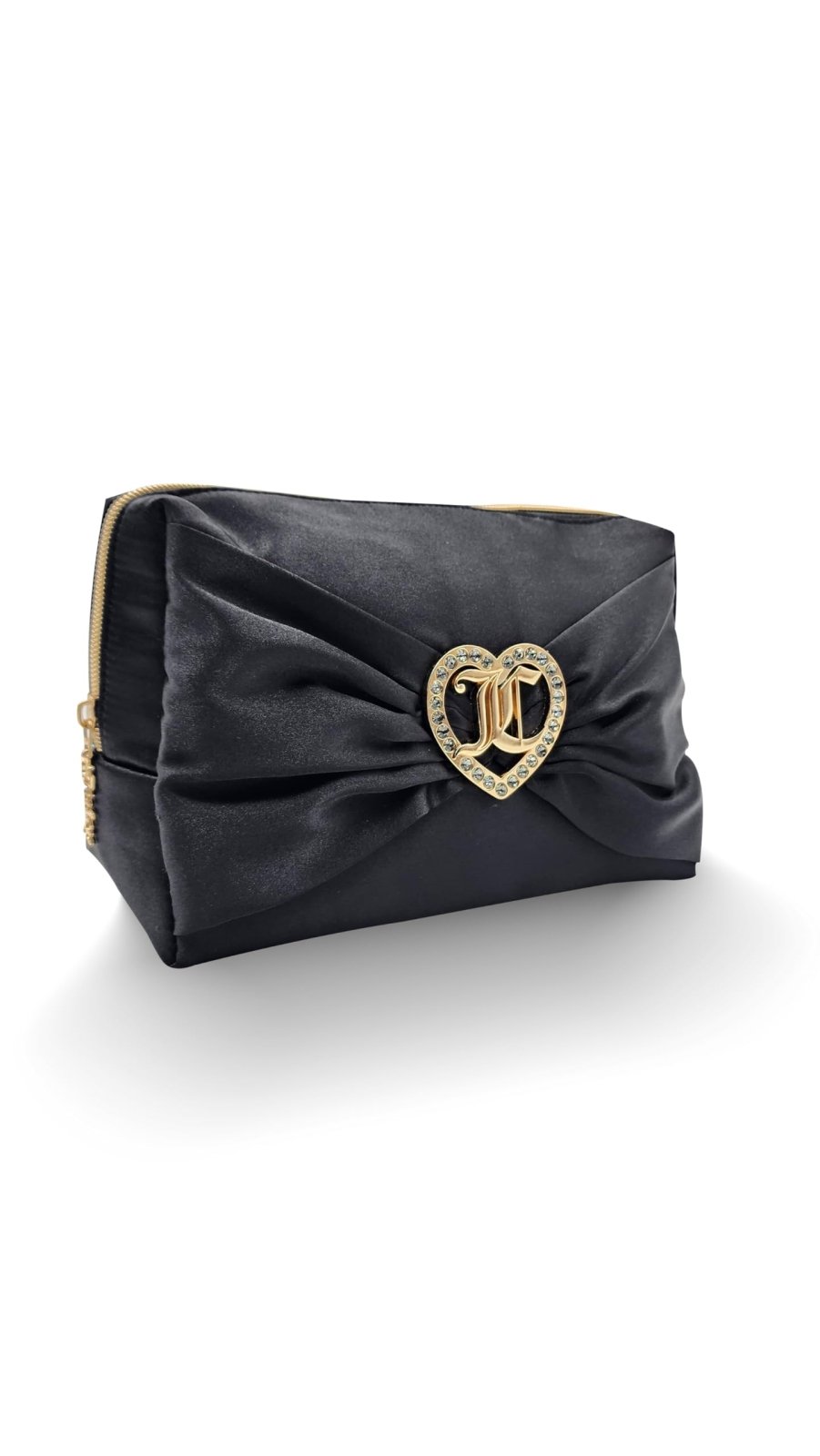 Juicy Couture Black Makeup Bag Cosmetics Organizer Travel Essentials Zip Top Wedge Satin Bow Rhinestone Heart