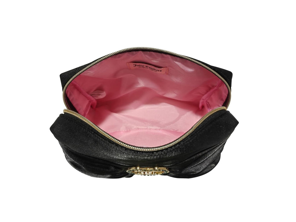 Juicy Couture Black Makeup Bag Cosmetics Organizer Travel Essentials Zip Top Wedge Satin Bow Rhinestone Heart