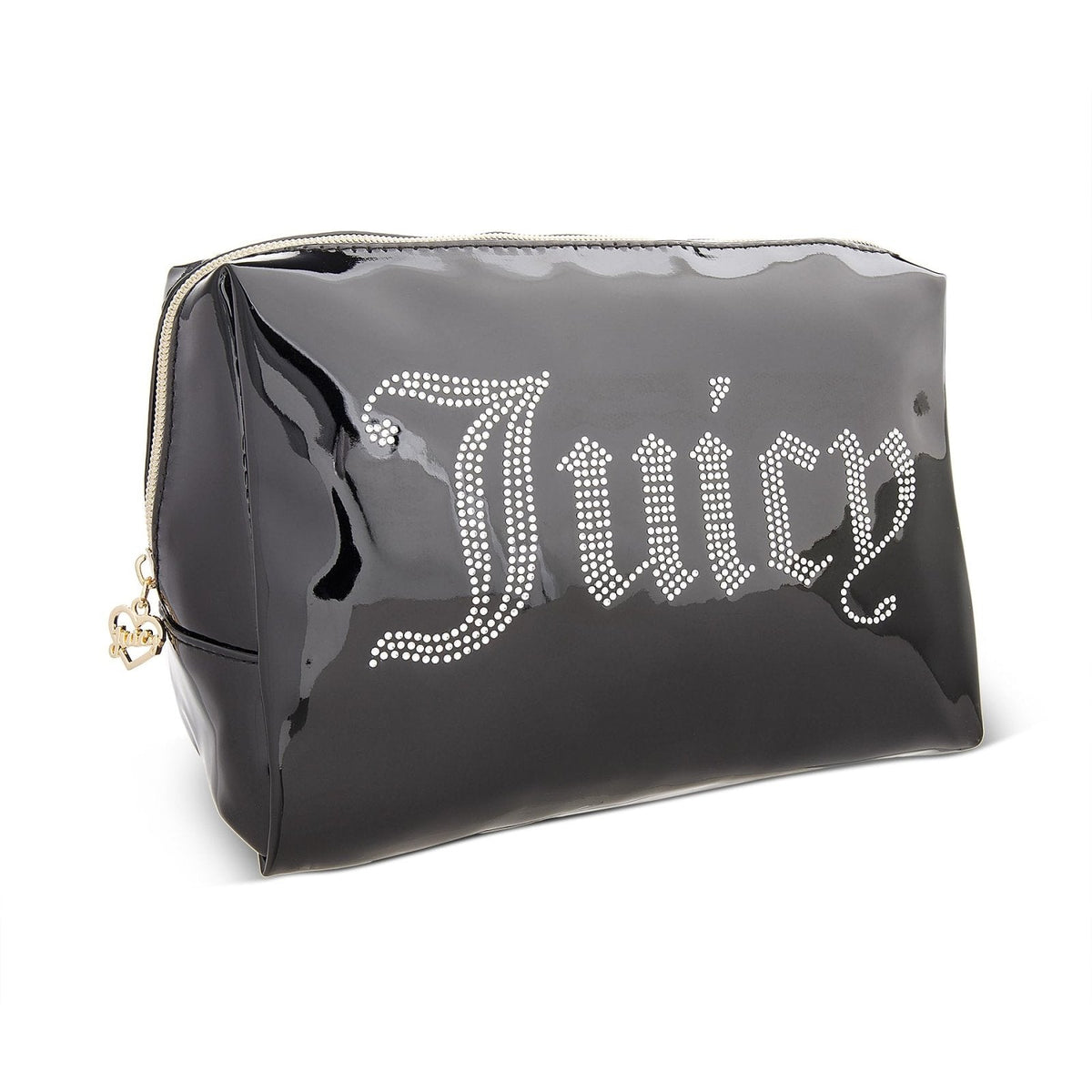 Juicy Couture Black Makeup Bag Cosmetics Organizer Travel Essentials Zip Top Wedge Shiny Patent Rhinestones