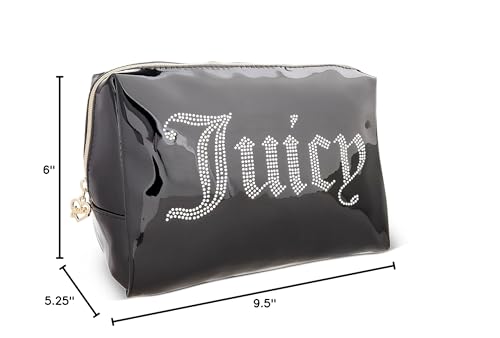 Juicy Couture Black Makeup Bag Cosmetics Organizer Travel Essentials Zip Top Wedge Shiny Patent Rhinestones