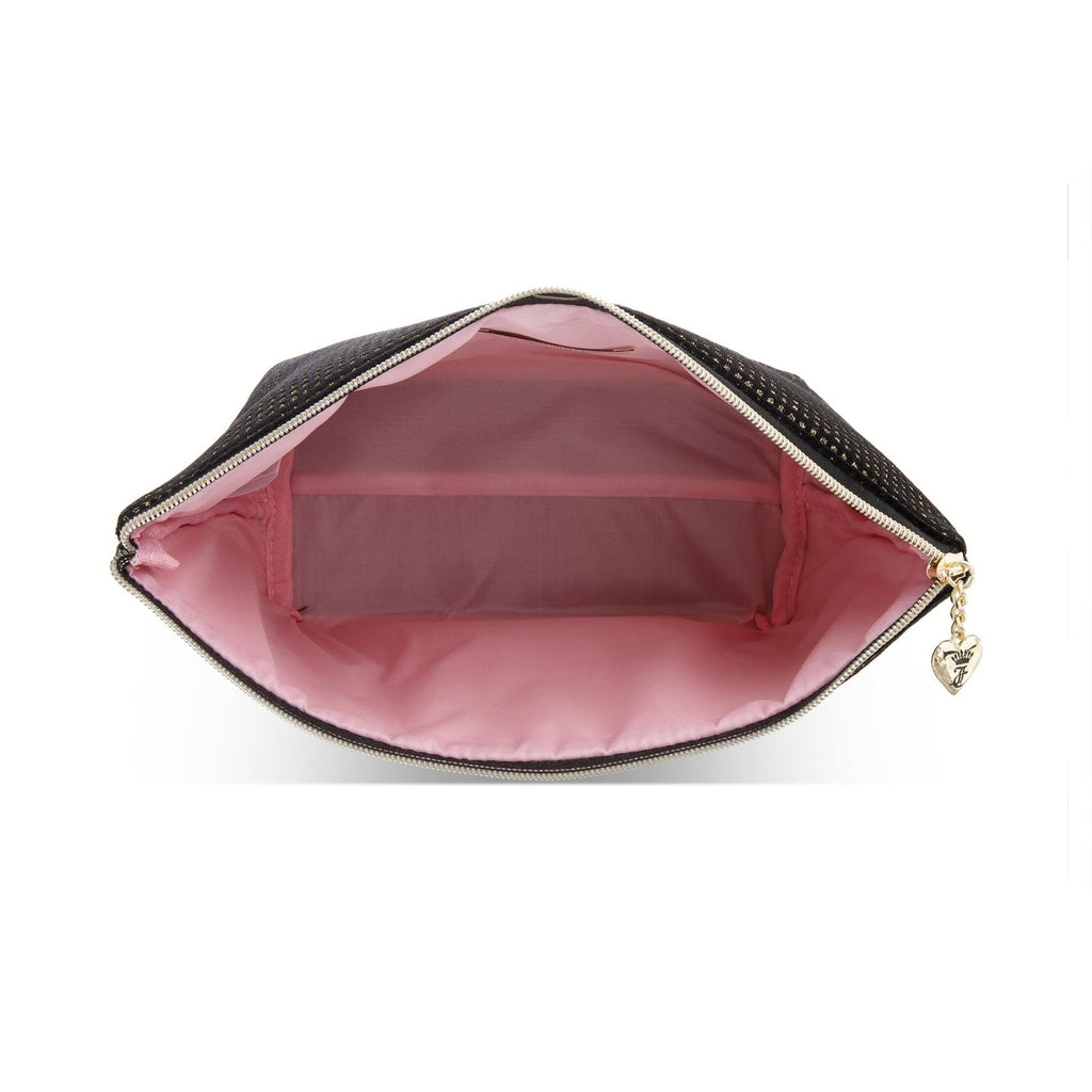 Juicy Couture Black Makeup Bag Cosmetics Organizer Travel Essentials Zip Top Wedge Velour Glitter Dots
