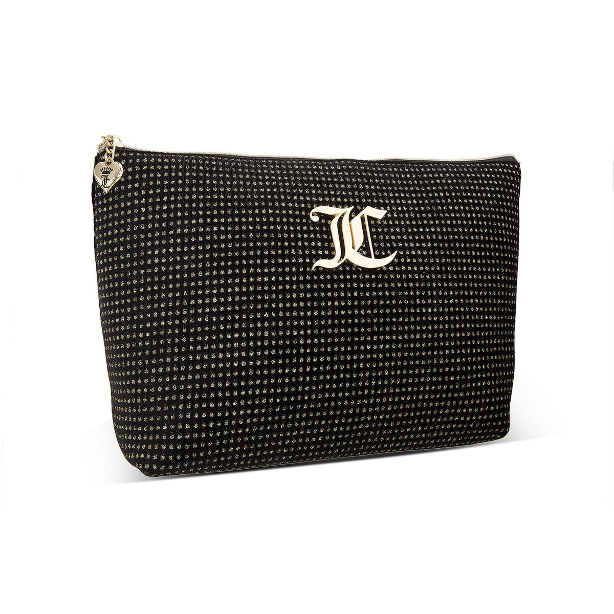 Juicy Couture Black Makeup Bag Cosmetics Organizer Travel Essentials Zip Top Wedge Velour Glitter Dots