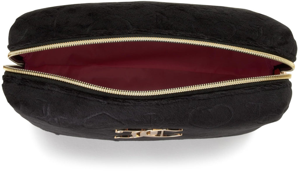 Juicy Couture Black Makeup Bag Cosmetics Organizer Travel Essentials Zip Top Wedge Velour Heart Crown