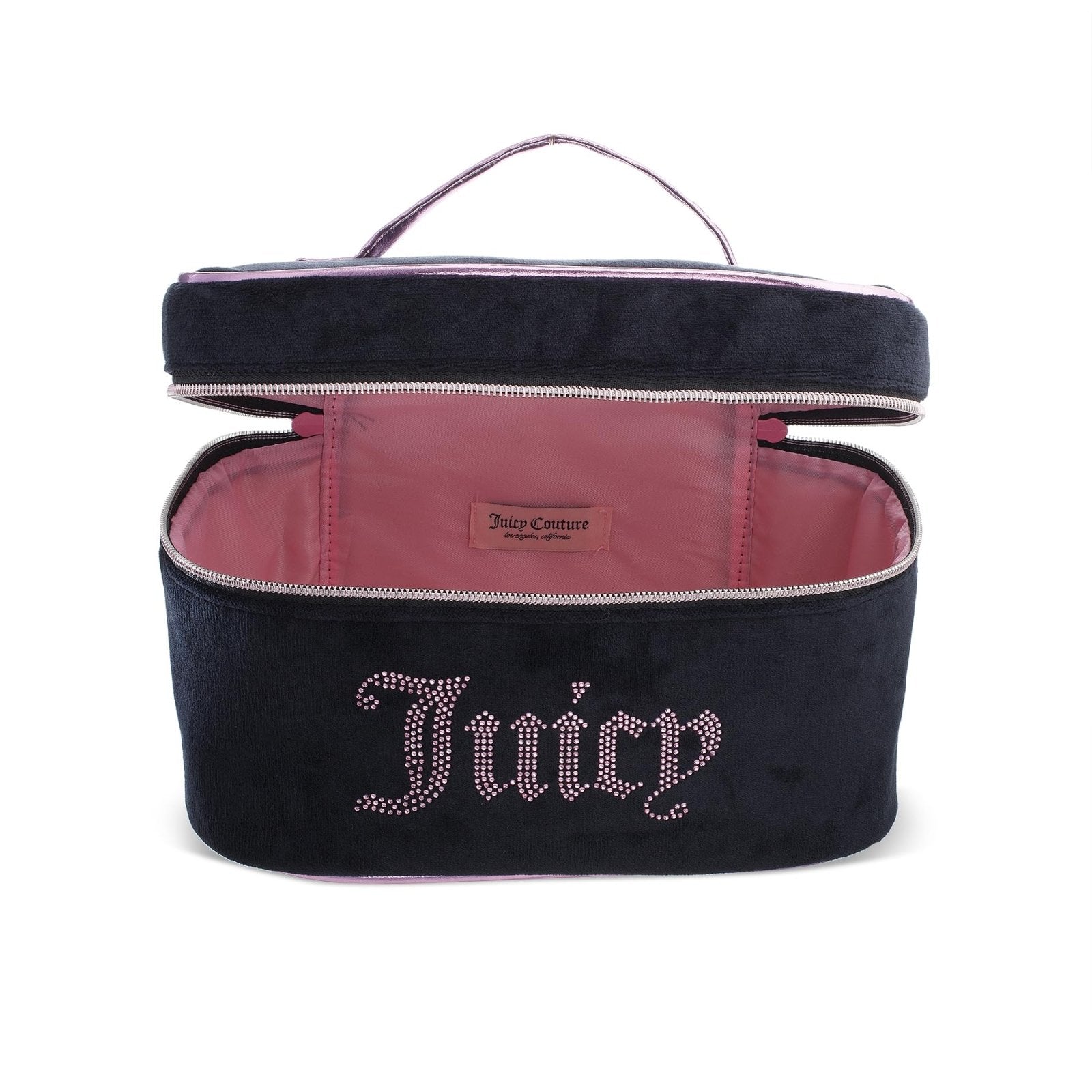 Juicy Couture Black Pink Makeup Bag Cosmetics Organizer Travel Essentials Train Case Velour Rhinestones