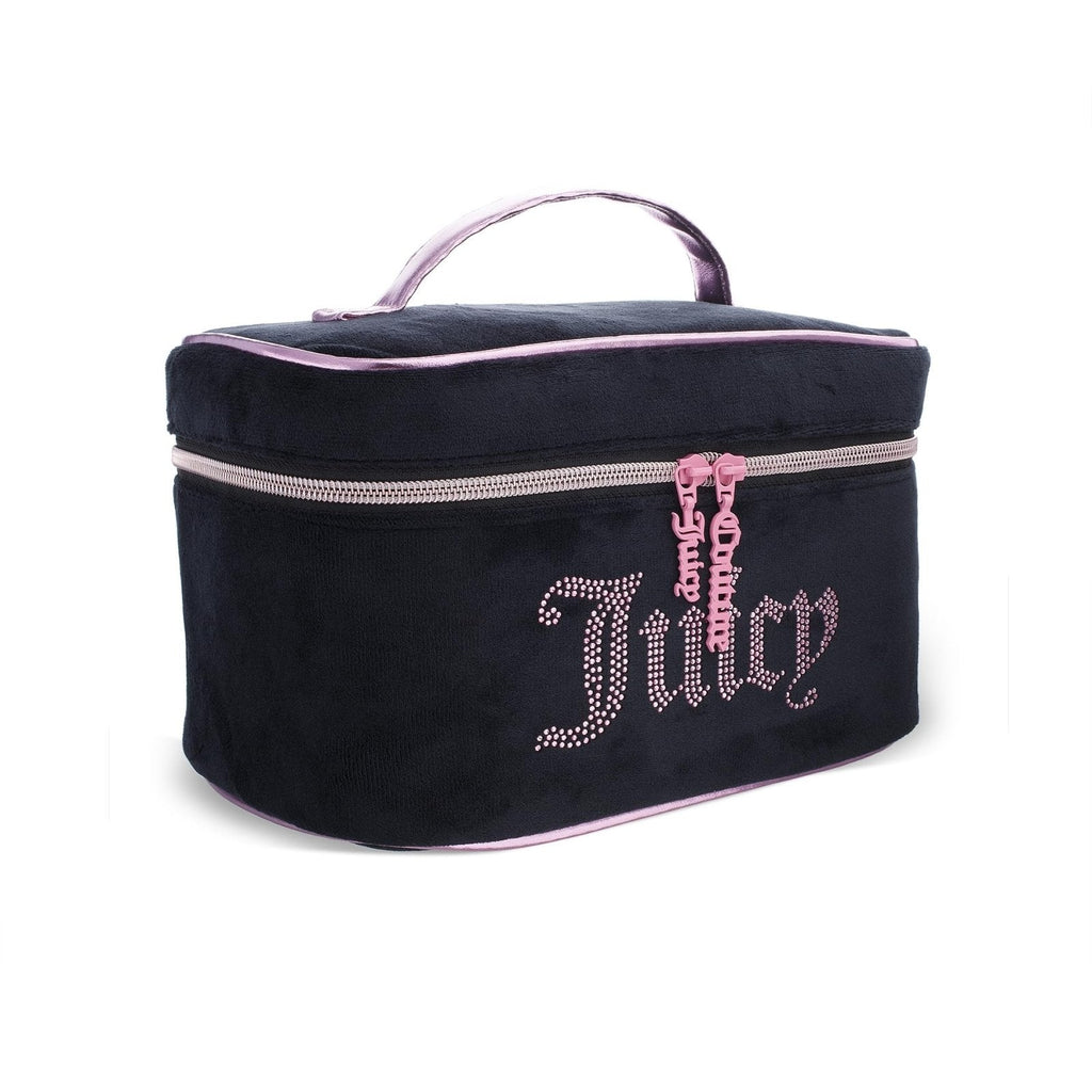 Juicy Couture Black Pink Makeup Bag Cosmetics Organizer Travel Essentials Train Case Velour Rhinestones