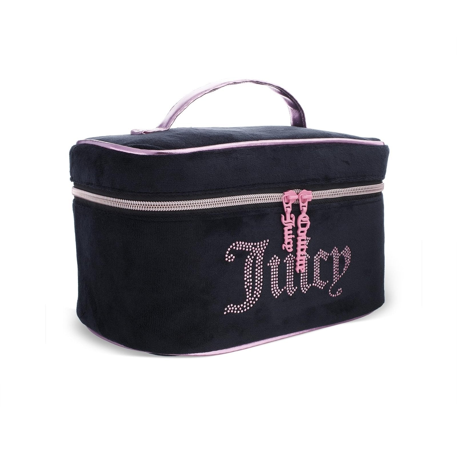 Juicy Couture Black Pink Makeup Bag Cosmetics Organizer Travel Essentials Train Case Velour Rhinestones