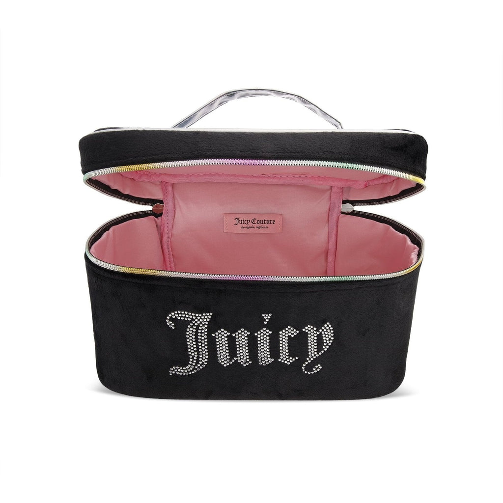 Juicy Couture Black Rainbow Makeup Bag Cosmetics Organizer Travel Essentials Train Case Velour Rhinestones