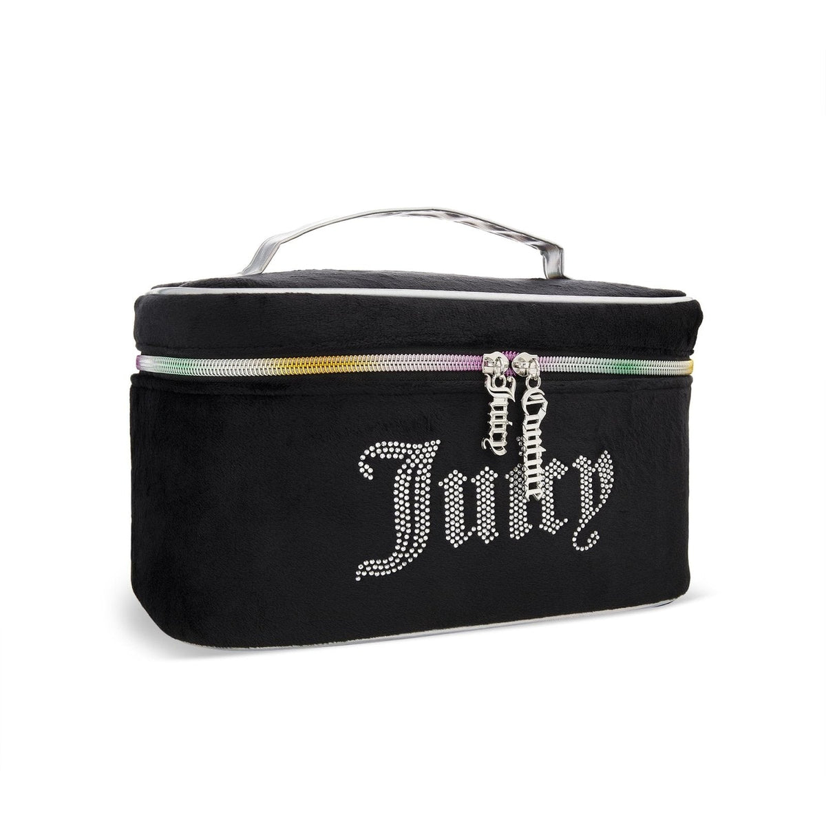 Juicy Couture Black Rainbow Makeup Bag Cosmetics Organizer Travel Essentials Train Case Velour Rhinestones