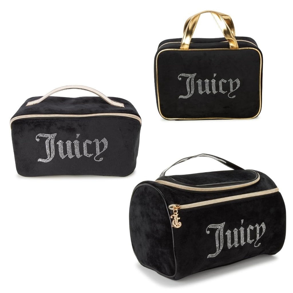 Juicy Couture Black Velour Rhinestones Makeup Bag Cosmetics Organizer Travel Essentials Set