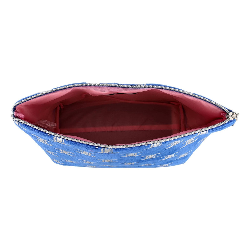 Juicy Couture Blue Makeup Bag Cosmetics Organizer Travel Essentials Zip Top Wedge Logo Print
