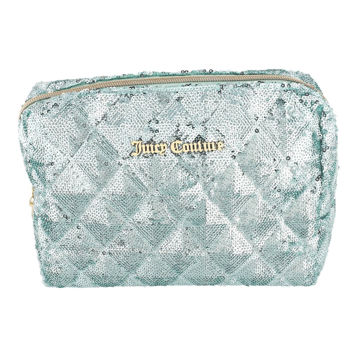 Juicy Couture Blue Makeup Bag Cosmetics Organizer Travel Essentials Zip Top Wedge Sparkle Sequin