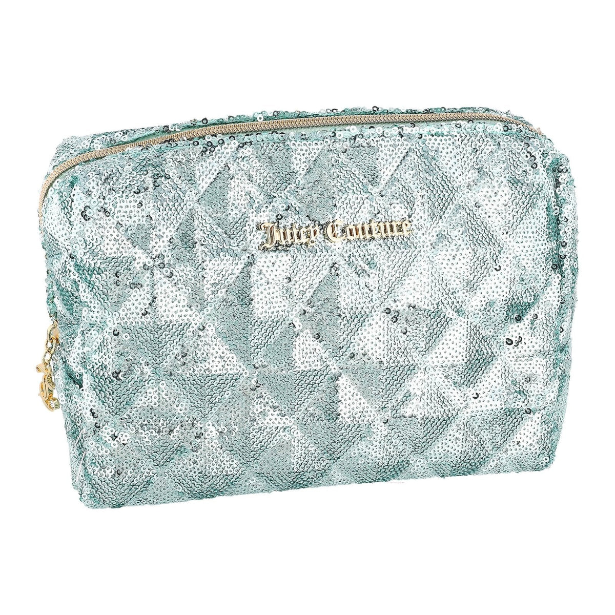 Juicy Couture Blue Makeup Bag Cosmetics Organizer Travel Essentials Zip Top Wedge Sparkle Sequin