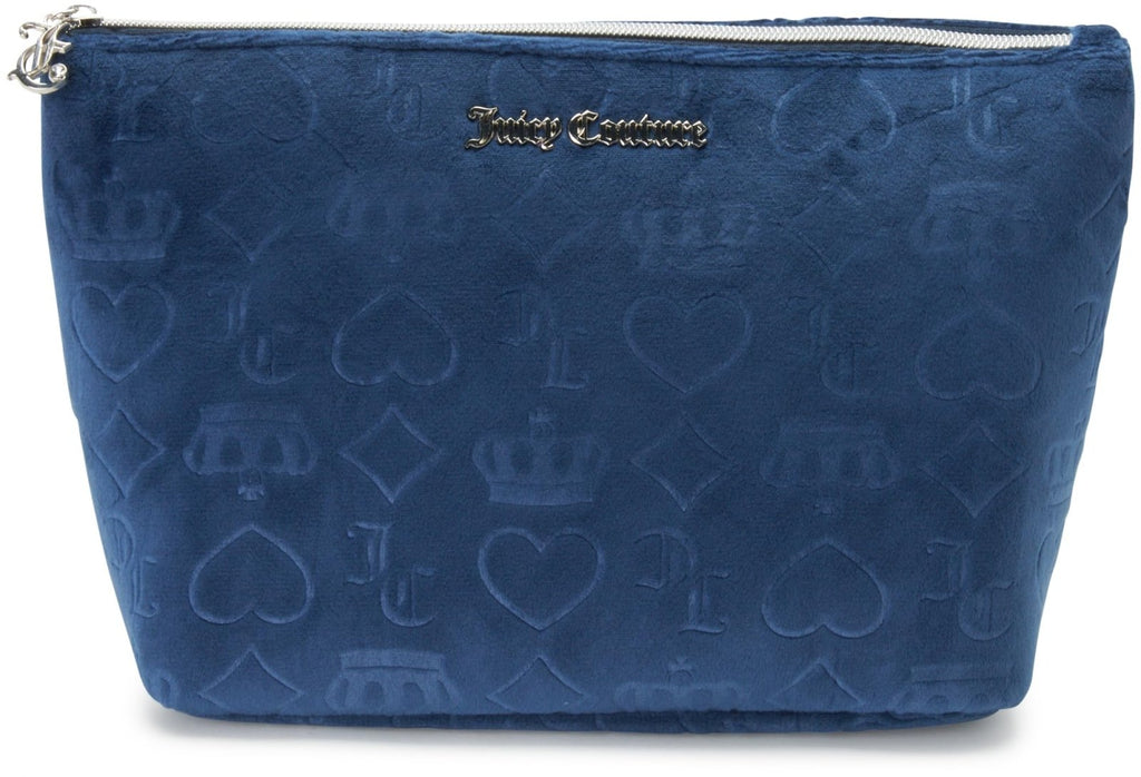 Juicy Couture Blue Makeup Bag Cosmetics Organizer Travel Essentials Zip Top Wedge Velour Heart Crown