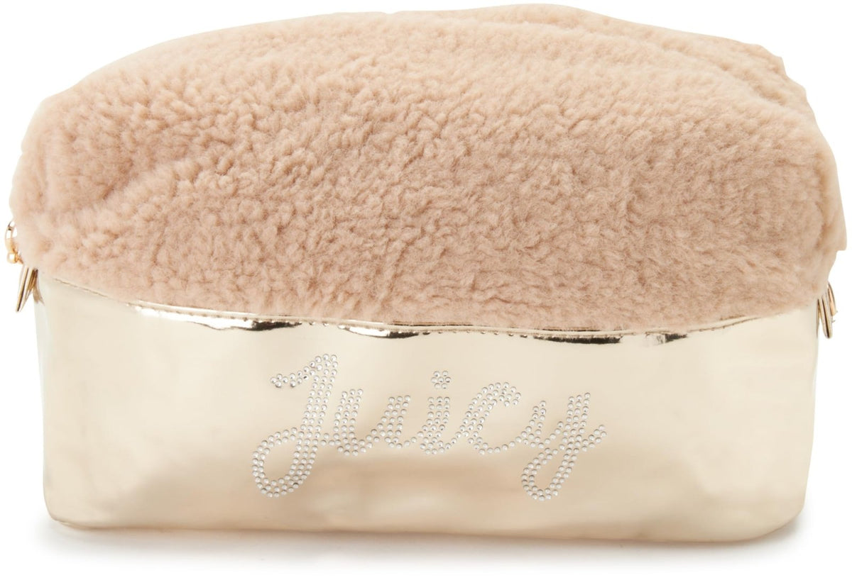 Juicy Couture Gold Makeup Bag Cosmetics Organizer Travel Essentials Zip Top Wedge Shiny Rhinestone Faux Shearling