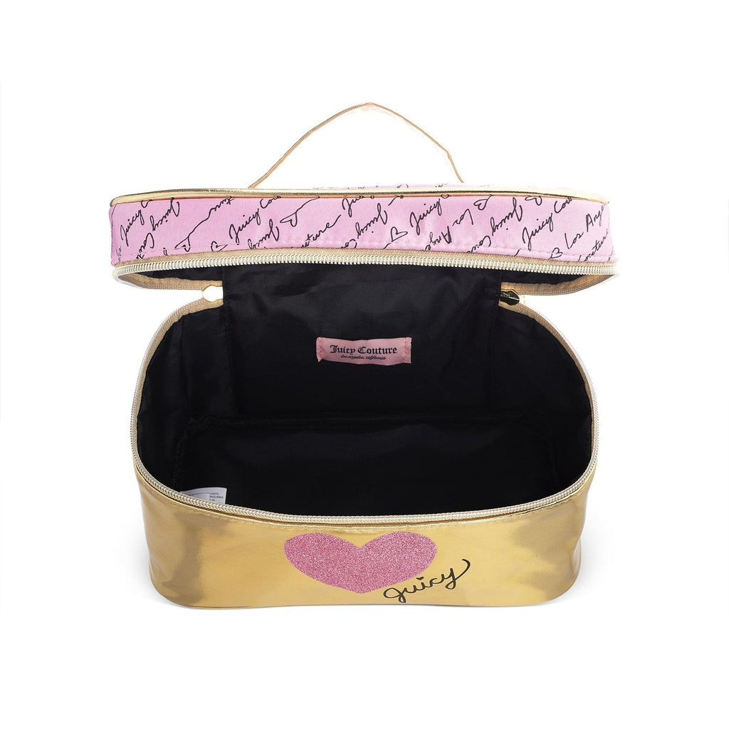 Juicy Couture Gold Pink Makeup Bag Cosmetics Organizer Travel Essentials Train Case Shiny Heart
