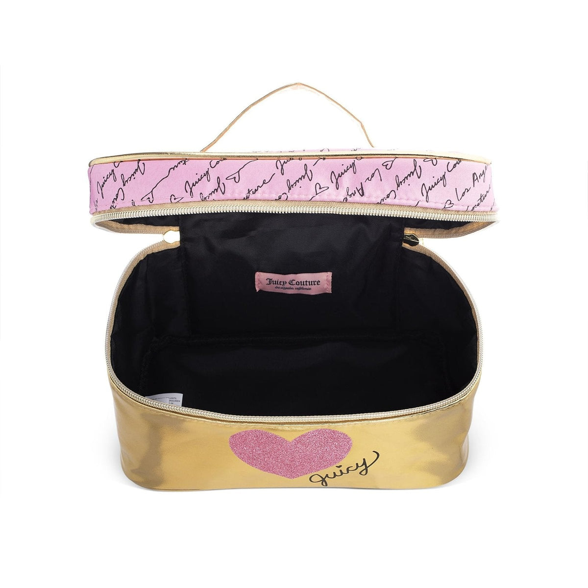 Juicy Couture Gold Pink Makeup Bag Cosmetics Organizer Travel Essentials Train Case Shiny Heart