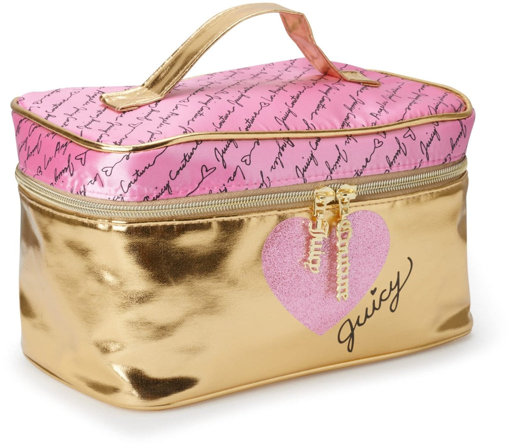 Juicy Couture Gold Pink Makeup Bag Cosmetics Organizer Travel Essentials Train Case Shiny Heart