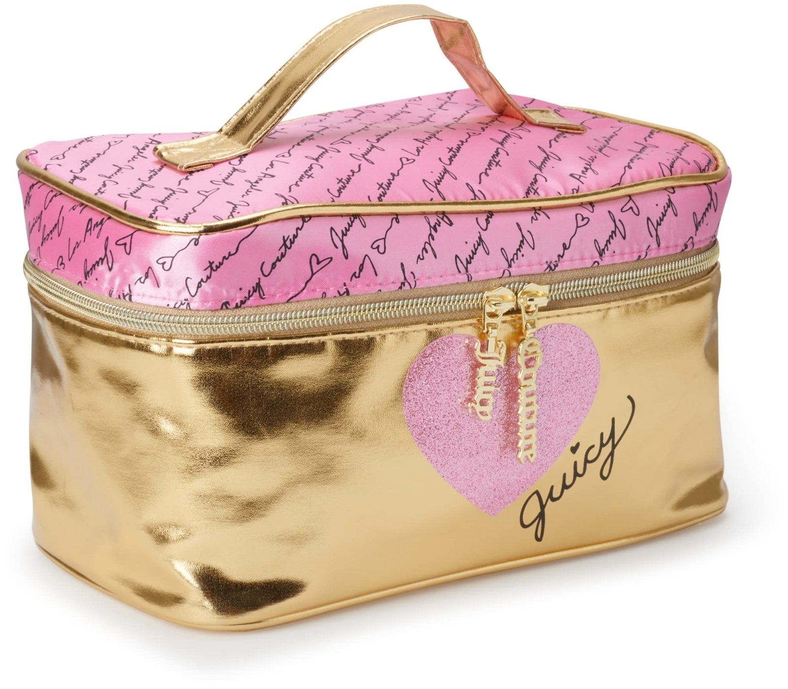 Juicy Couture Gold Pink Makeup Bag Cosmetics Organizer Travel Essentials Train Case Shiny Heart