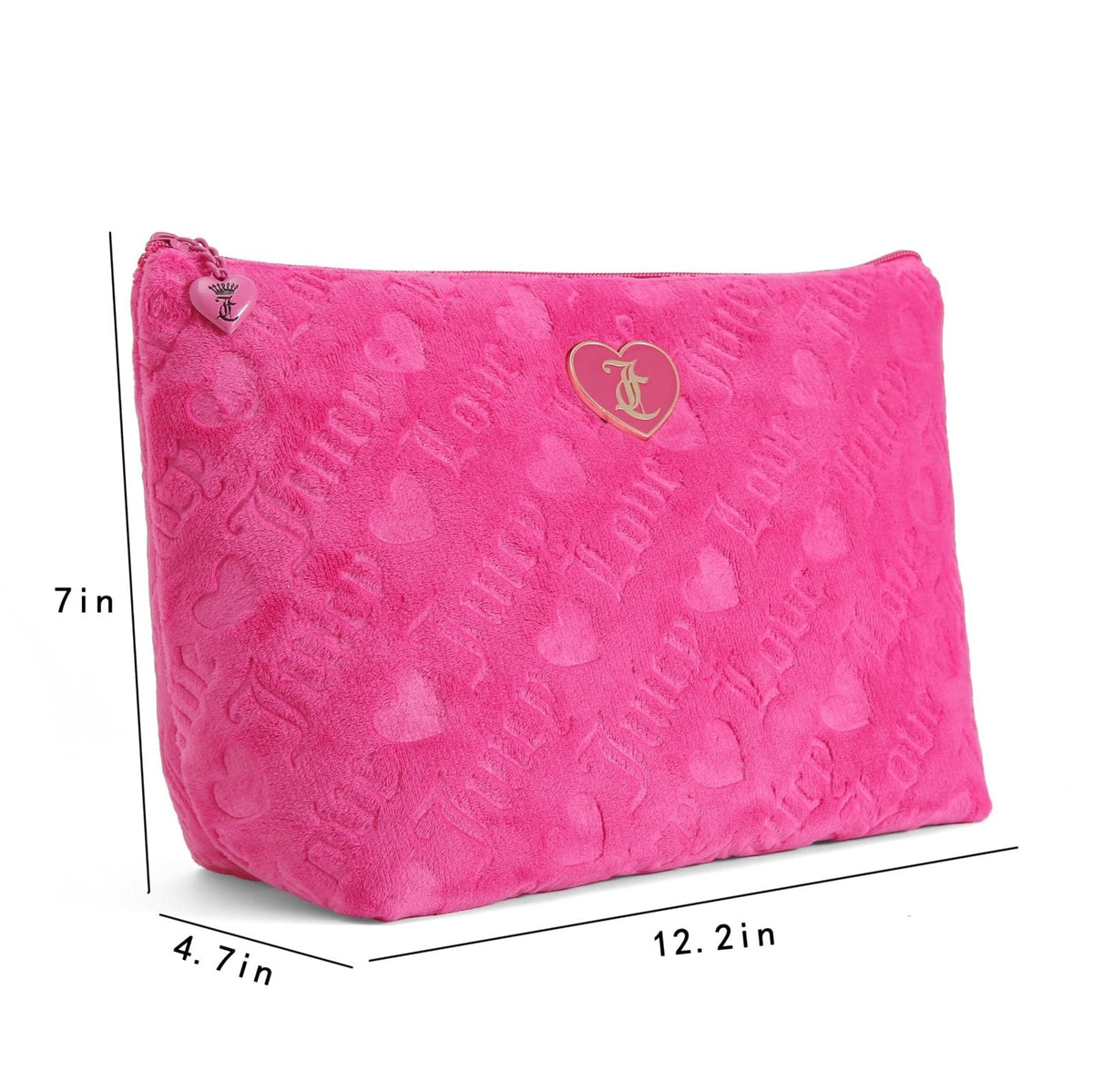 Juicy Couture Hot Pink Makeup Bag Cosmetics Organizer Travel Essentials Top Zip Pouch Terry Cloth Heart Logo
