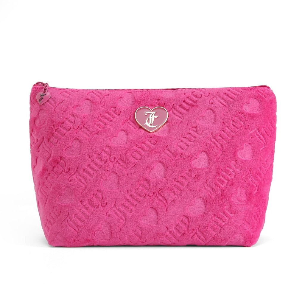 Juicy Couture Hot Pink Makeup Bag Cosmetics Organizer Travel Essentials Top Zip Pouch Terry Cloth Heart Logo