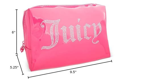 Juicy Couture Hot Pink Makeup Bag Cosmetics Organizer Travel Essentials Zip Top Wedge Shiny Patent Rhinestones