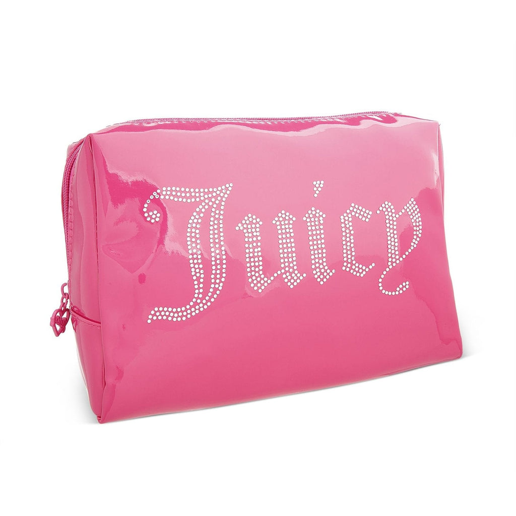 Juicy Couture Hot Pink Makeup Bag Cosmetics Organizer Travel Essentials Zip Top Wedge Shiny Patent Rhinestones