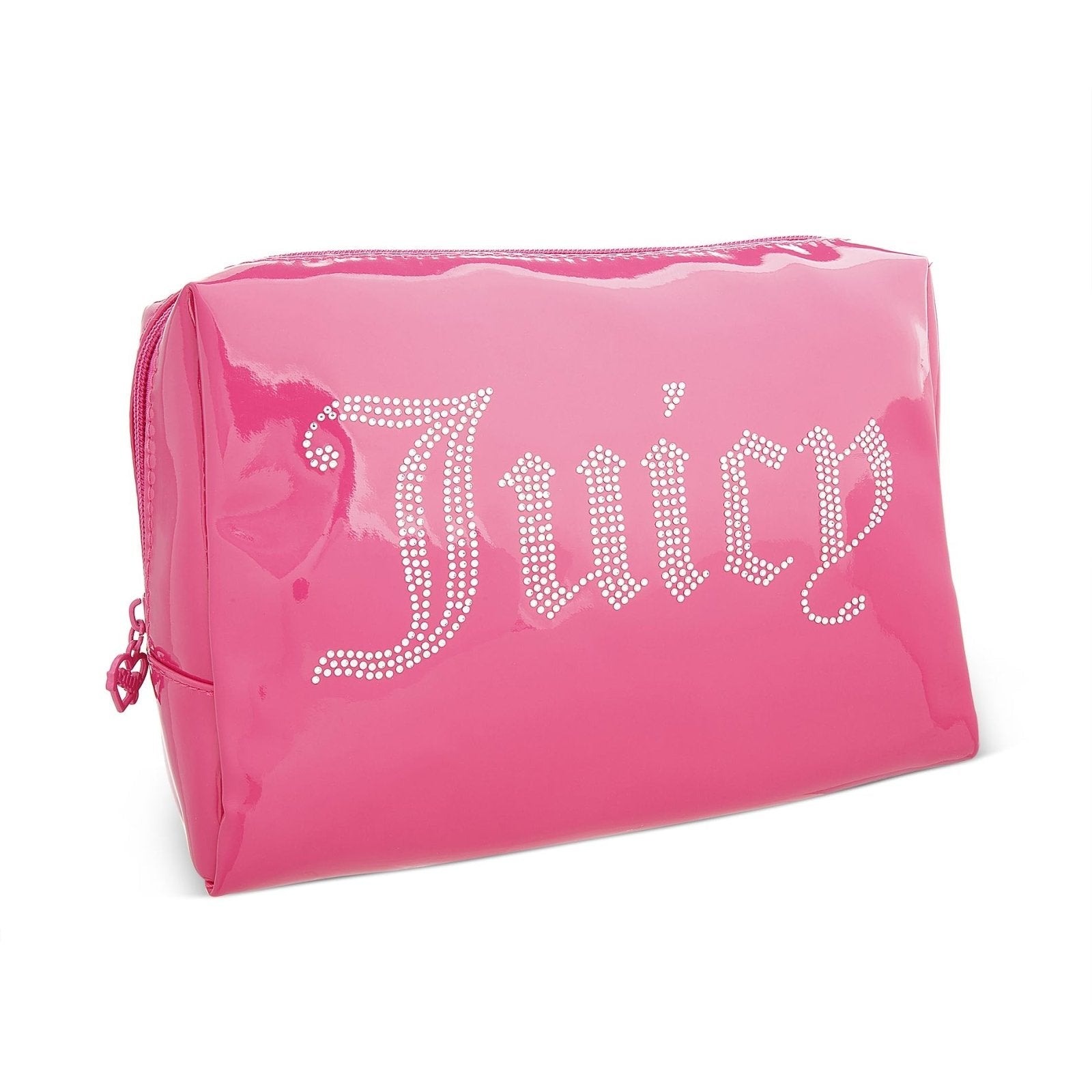 Juicy Couture Hot Pink Makeup Bag Cosmetics Organizer Travel Essentials Zip Top Wedge Shiny Patent Rhinestones