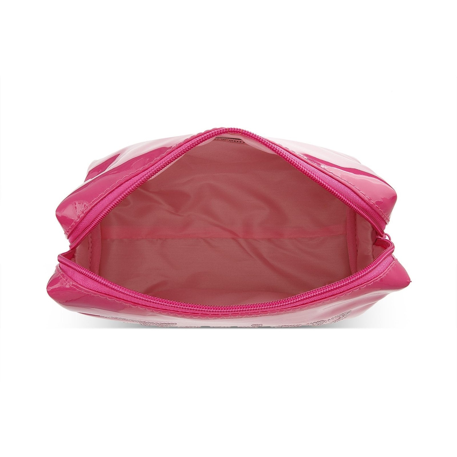 Juicy Couture Hot Pink Makeup Bag Cosmetics Organizer Travel Essentials Zip Top Wedge Shiny Patent Rhinestones