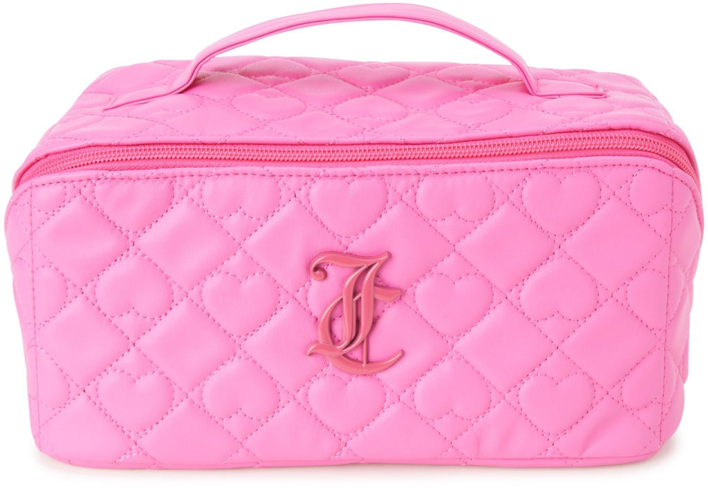 Juicy Couture Pink Makeup Bag Cosmetics Organizer Travel Essentials Cross Zip Faux Leather Quilted Heart