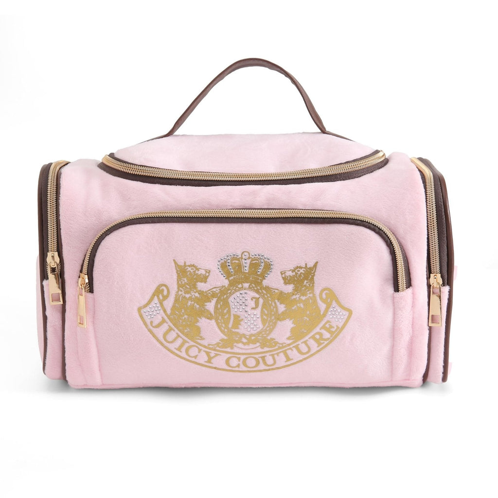 Juicy Couture Pink Makeup Bag Cosmetics Organizer Travel Essentials Duffel Velour Gold Terrier Dog Rhinestone Crown