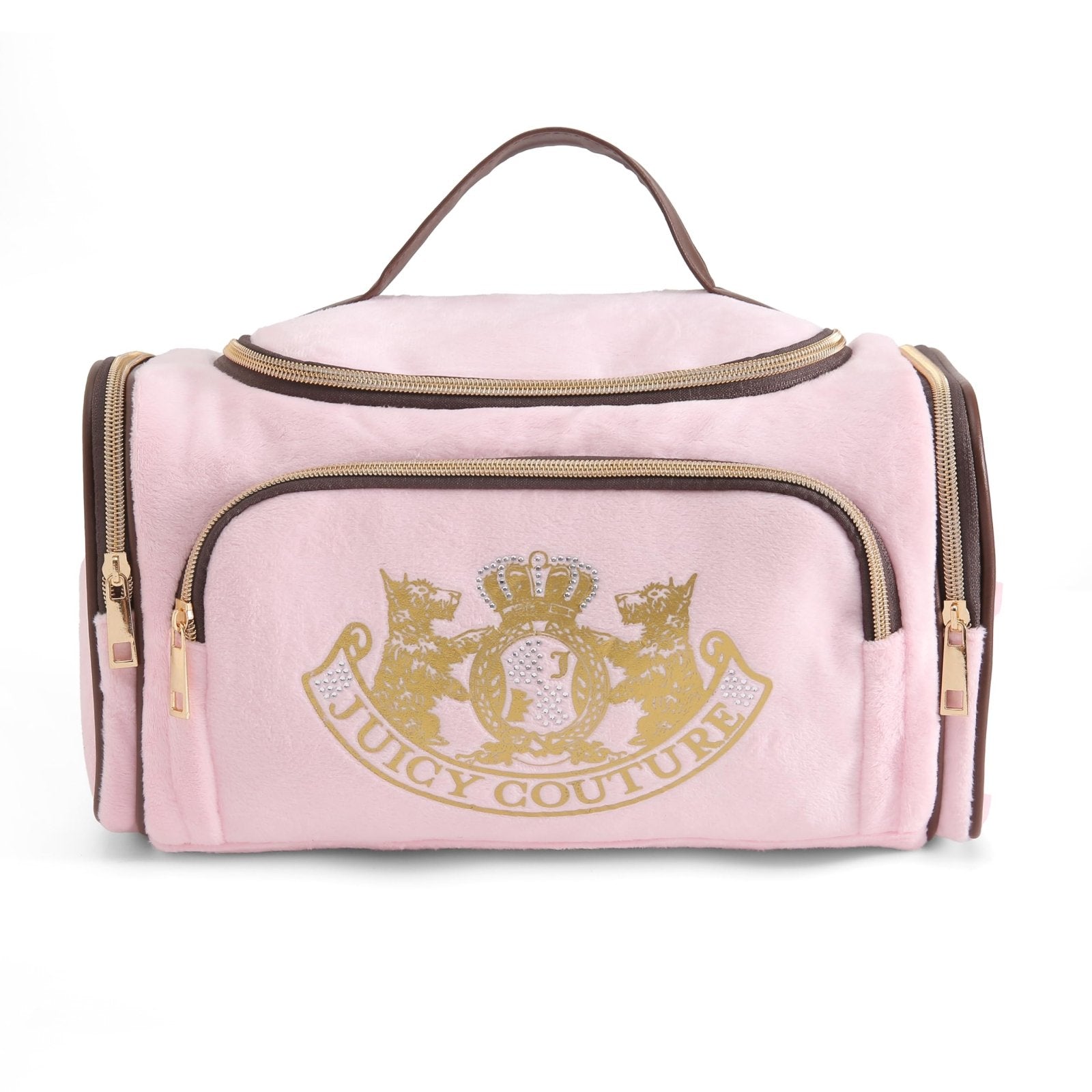Juicy Couture Pink Makeup Bag Cosmetics Organizer Travel Essentials Duffel Velour Gold Terrier Dog Rhinestone Crown