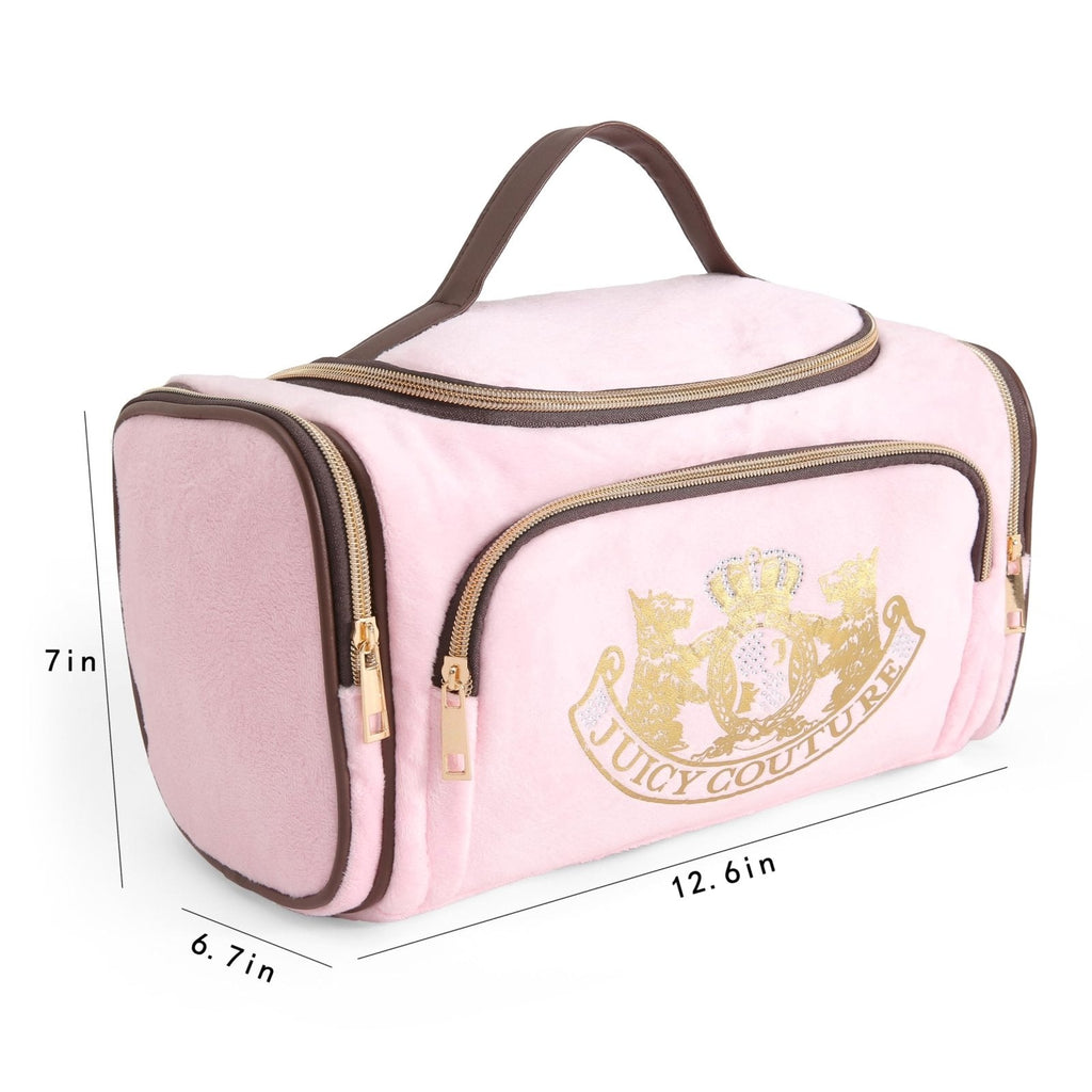 Juicy Couture Pink Makeup Bag Cosmetics Organizer Travel Essentials Duffel Velour Gold Terrier Dog Rhinestone Crown